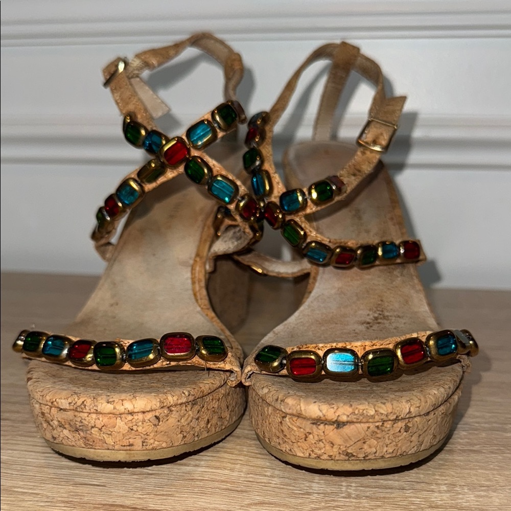 Donald J. Pliner “Wondra-Co”‎ Jewel Straps Cork Wedge Sz 7.5M 4”Heel Sandals - Picture 12 of 16